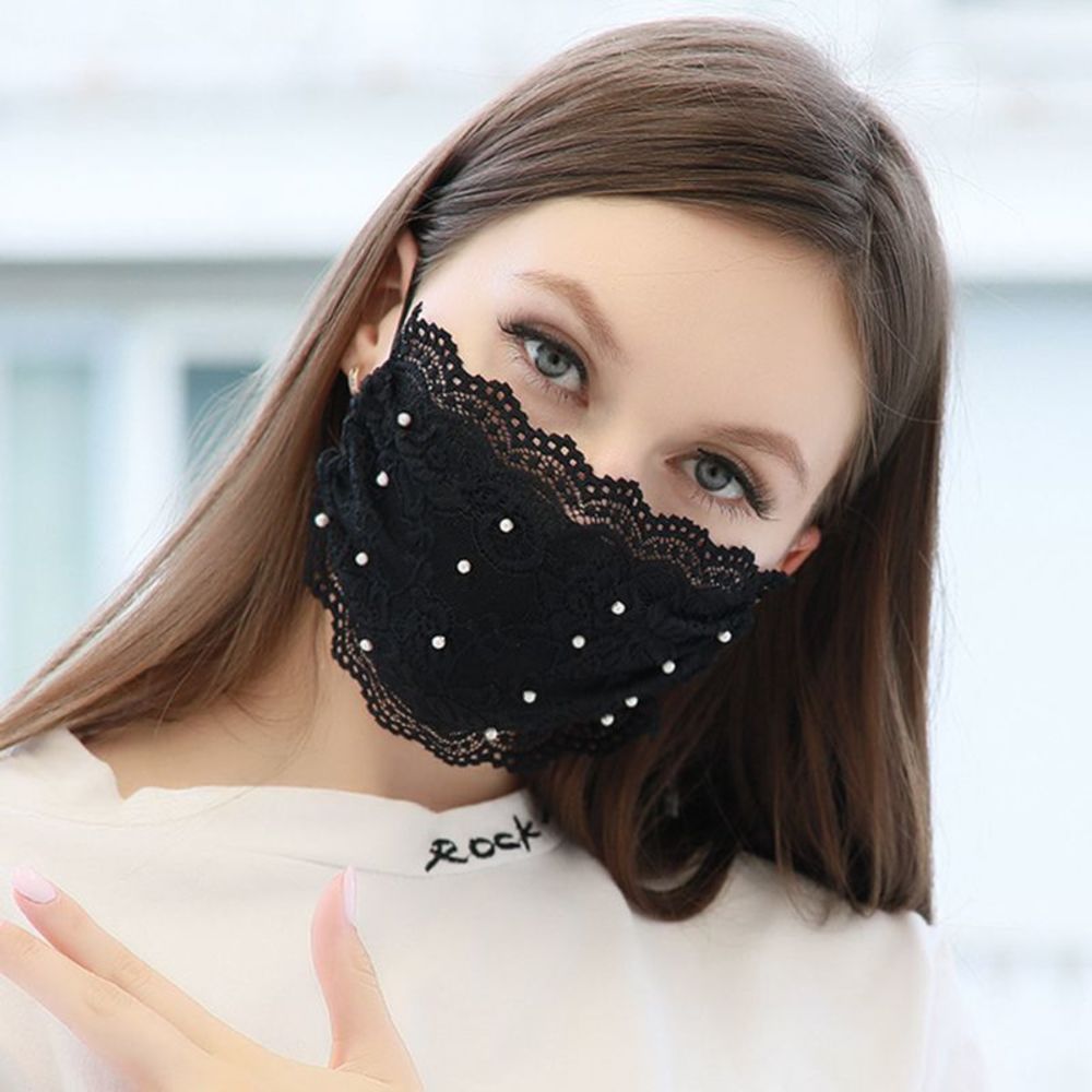 Beautiful Pink Lace Face Mask with Pearls - Picture 3 of 10